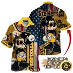 Personalized Pittsburgh Steelers Us Flag And Mickey Fanfare Black And Gold Hawaiian Shirt