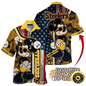 Personalized Pittsburgh Steelers Us Flag And Mickey Fanfare Black And Gold Hawaiian Shirt