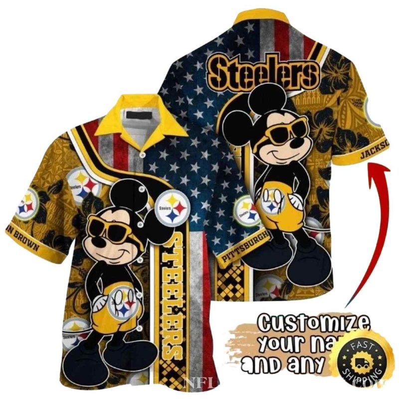 Personalized Pittsburgh Steelers Us Flag And Mickey Fanfare Black And Gold Hawaiian Shirt 1