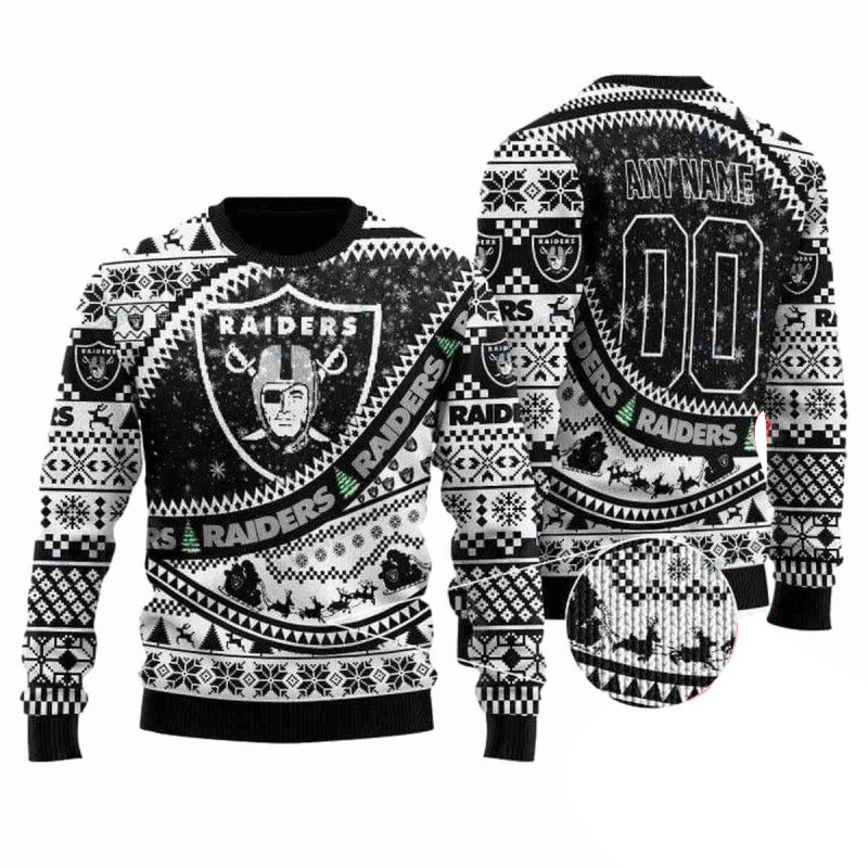Personalized Raiders Logo Snowflake Reindeer Christmas Ugly Sweater 1