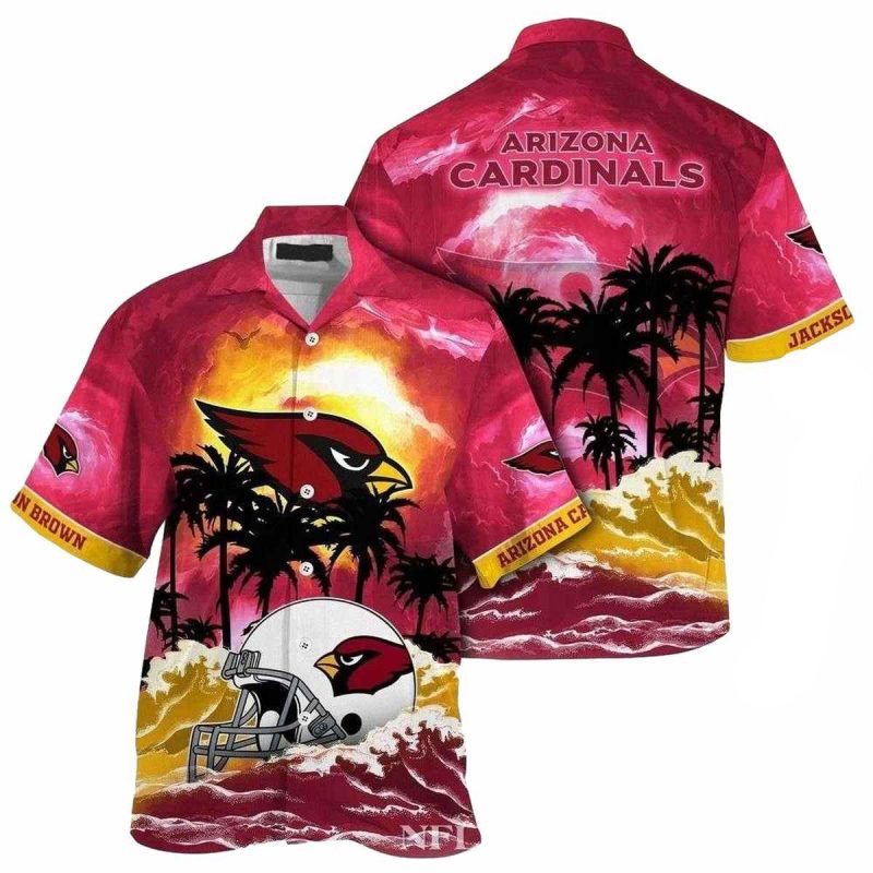 Personalized Sunset Palms Red Arizona Cardinals Beach Silhouette Hawaiian Shirt 1