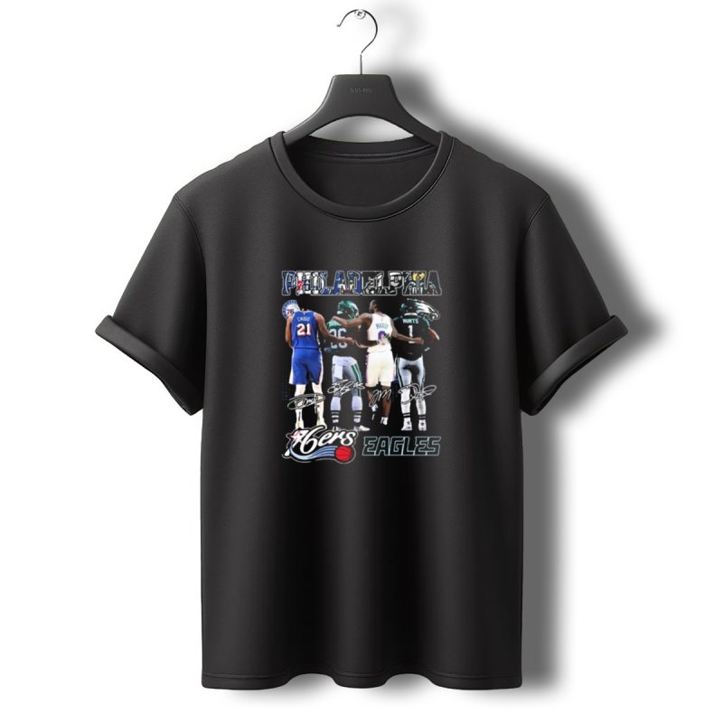 Philadelphia 76Ers Joel Embiid And Philadelphia Eagles Sanders Hurts Collaborative Signature T Shirt T Shirt 0 1