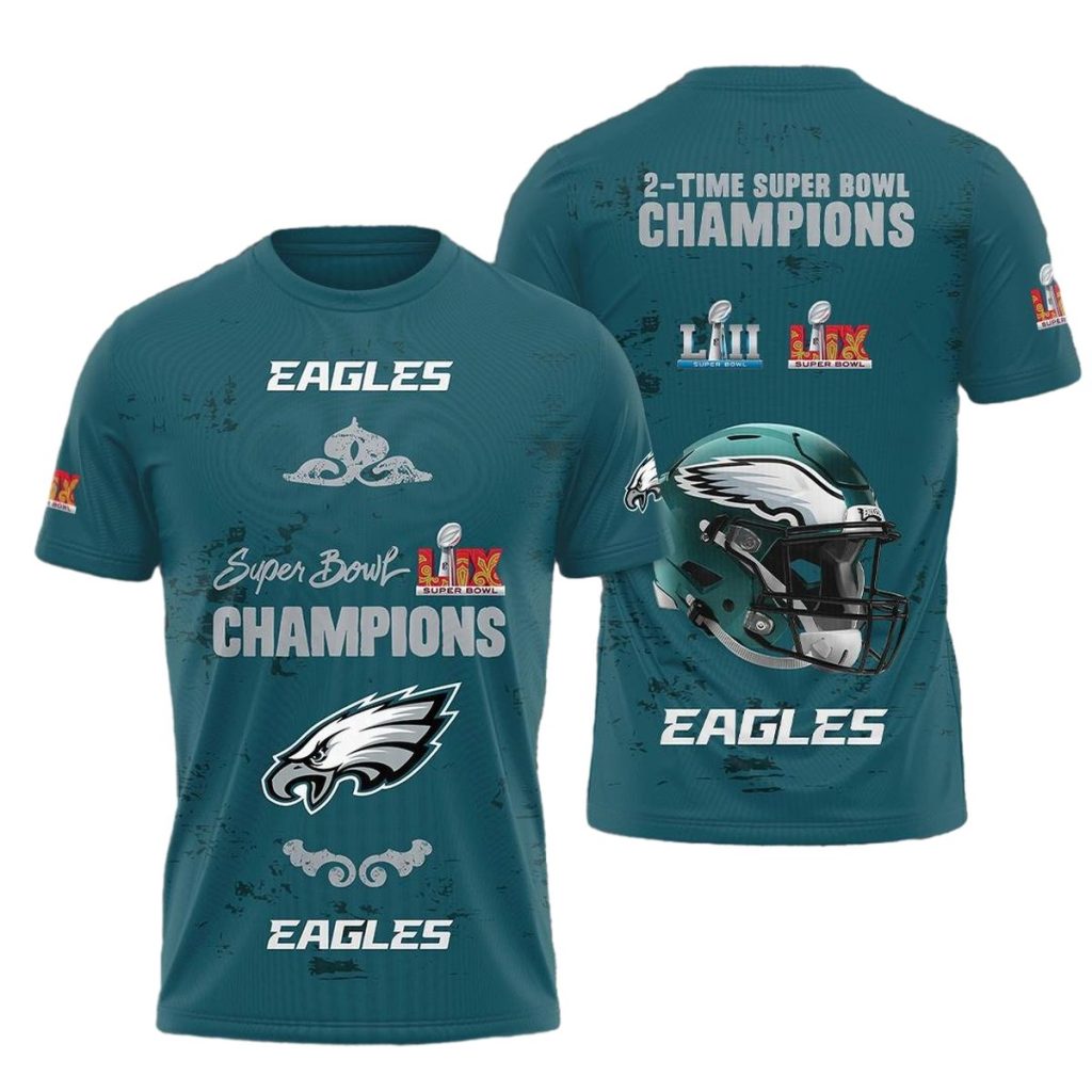 Philadelphia Eagles 2 Time Sb Champions Dark Green Aop Tshirt