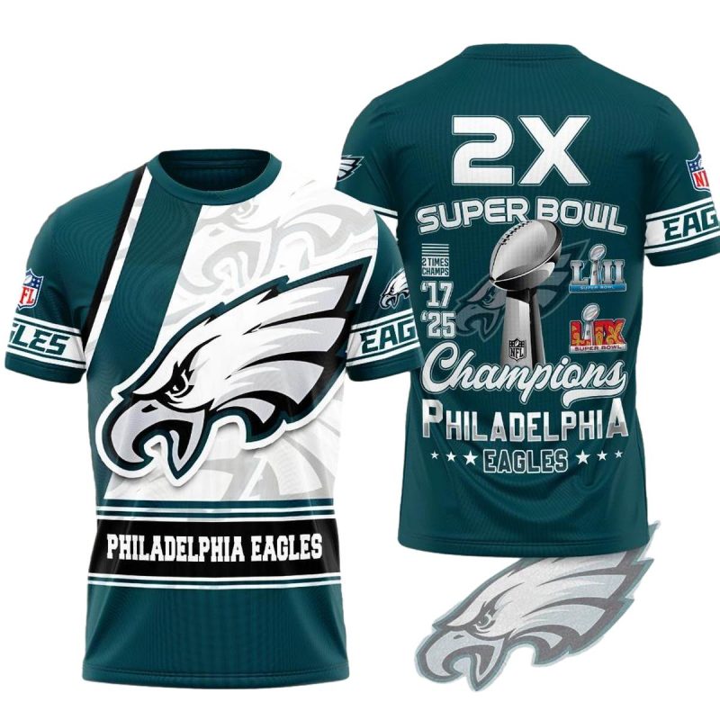 Philadelphia Eagles 2X Champions 2017 2025 Aop Tshirt