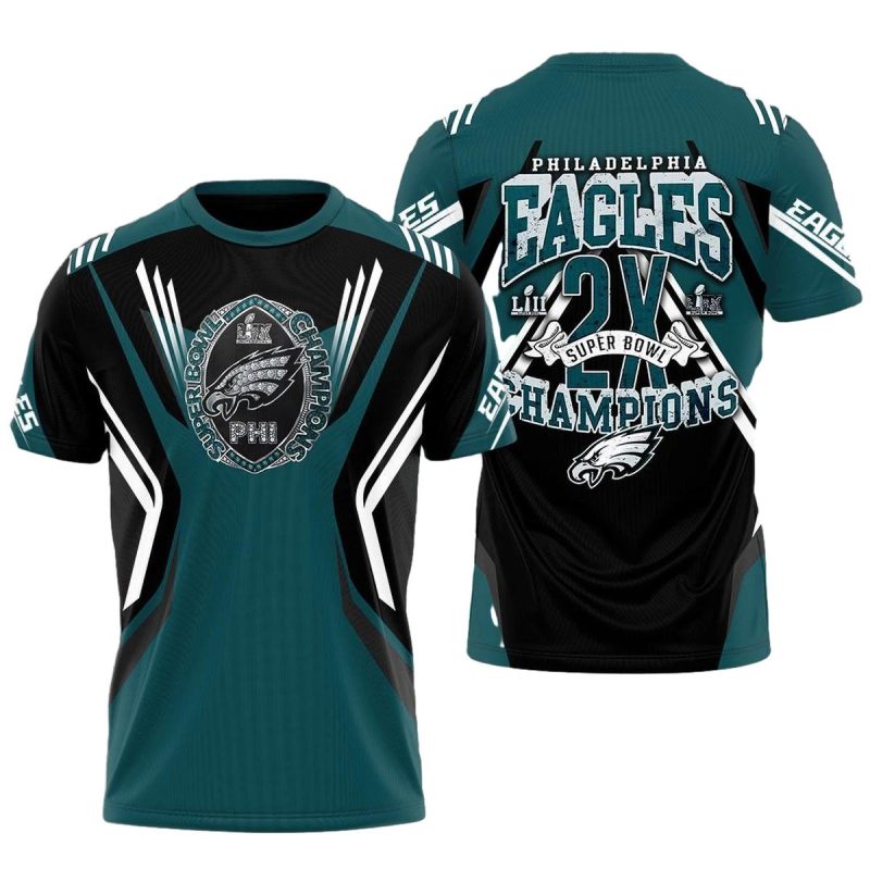 Philadelphia Eagles 2X Champions Black And Green Aop T Shirt