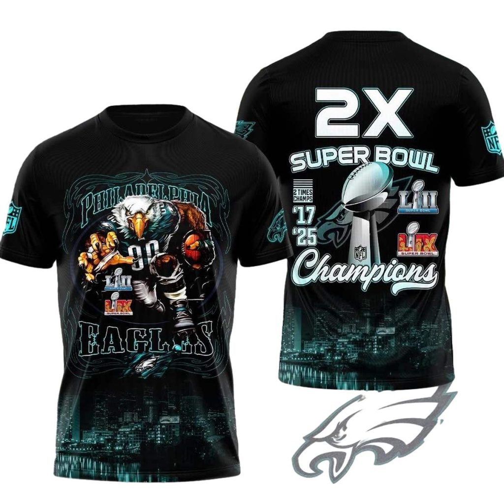 Philadelphia Eagles 2X Champions Brush Black Pattern Aop T Shirt