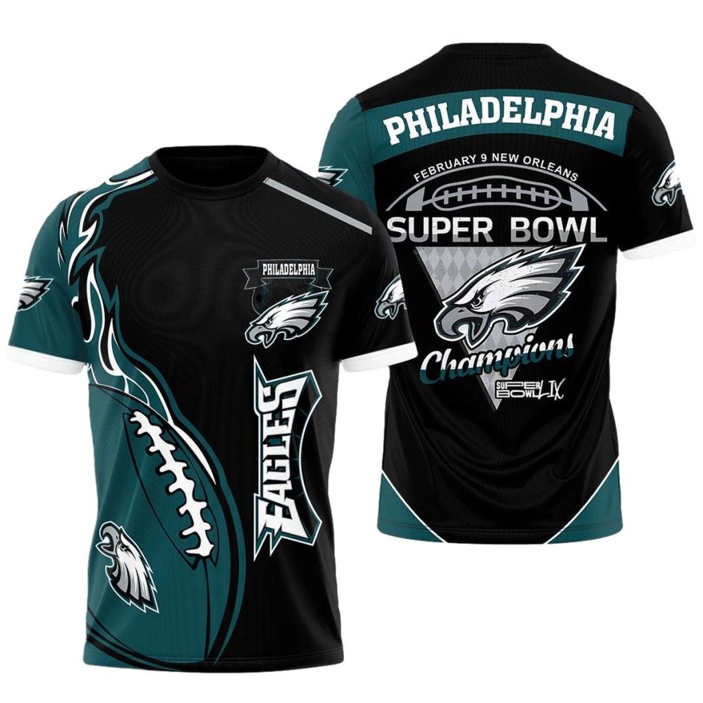 Philadelphia Eagles Ball Flame Champions Black And Green Aop T Shirt