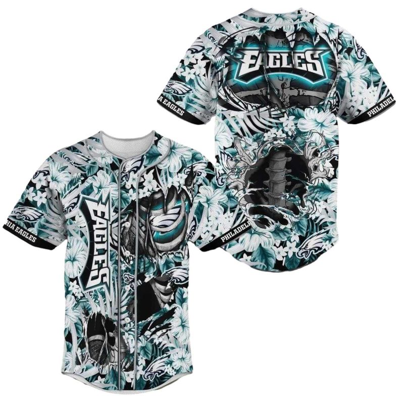 Philadelphia Eagles Flower Skeleton And Flowers Baseball Jersey 1