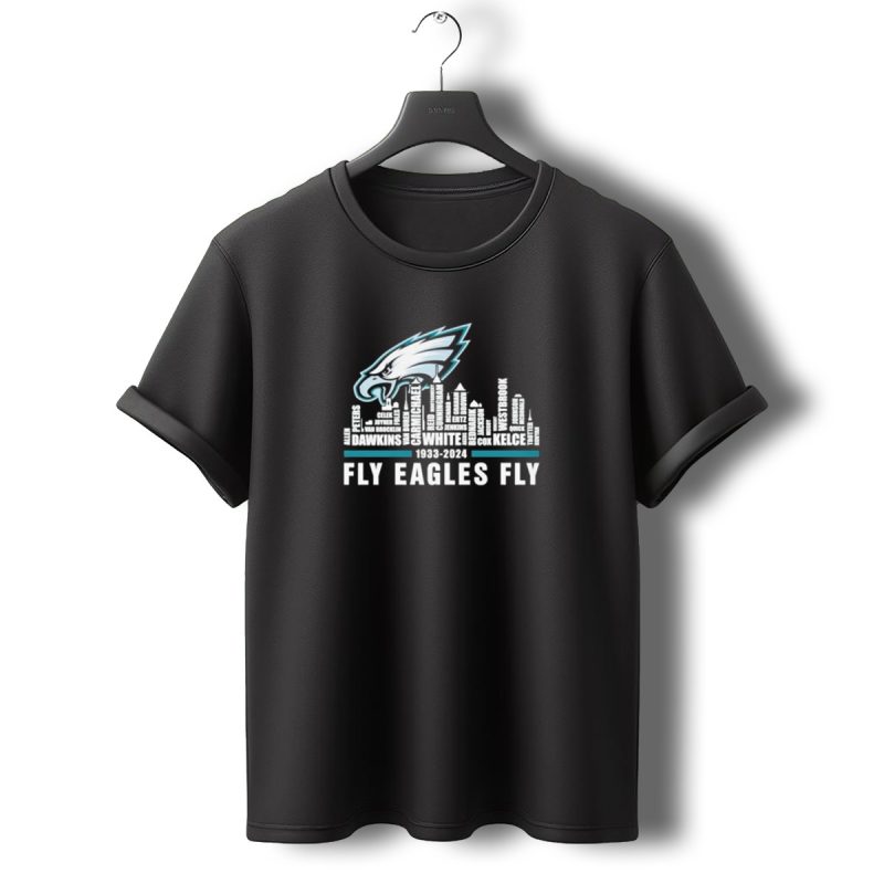 Philadelphia Eagles Fly 1933 2024 Carmichael Dawkins Kelce Westbrook Jenkins City Skyline T Shirt T Shirt 0 1