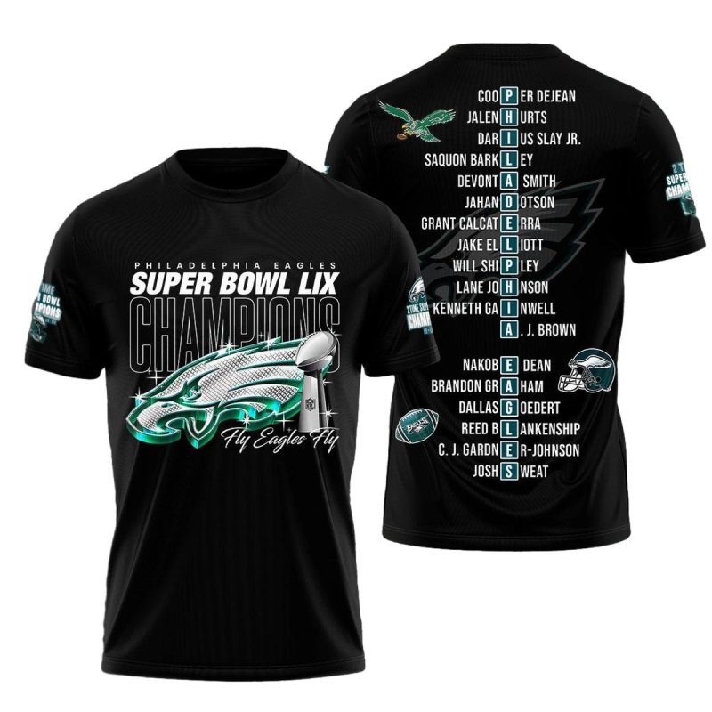 Philadelphia Eagles Fly Eagles Fly Name Players Black Pattern Aop Tshirt