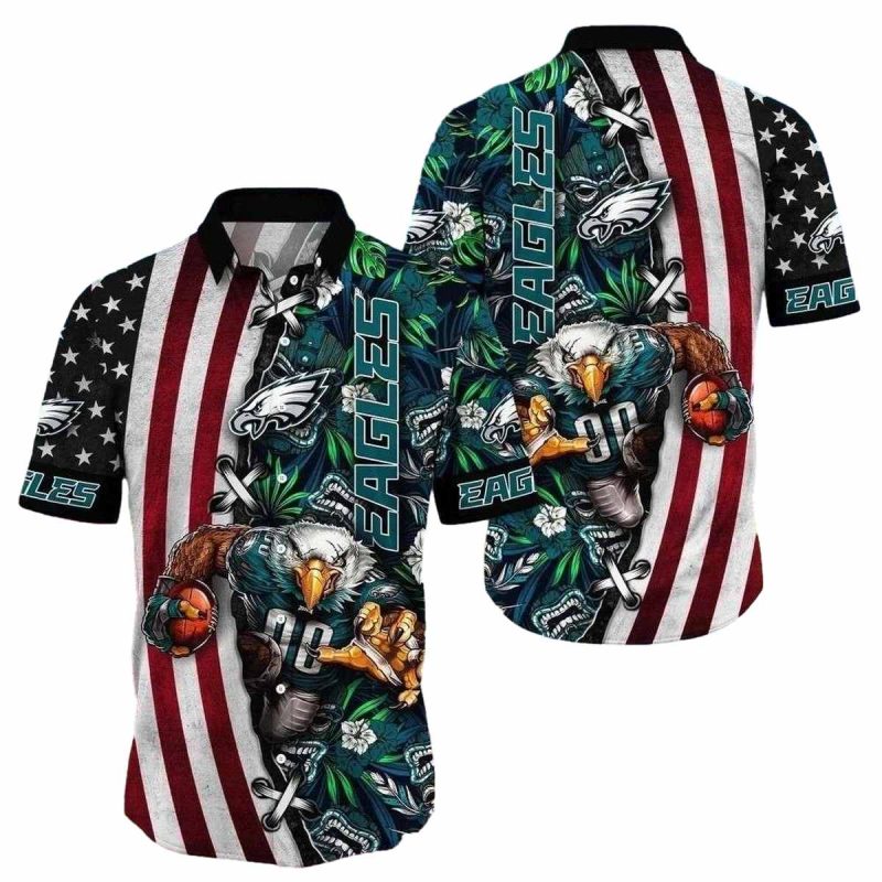 Philadelphia Eagles Gridiron Glory Tropical Hawaiian Shirt With American Flag 1