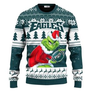 Philadelphia Eagles Grinch Santa Claus Hold Ball Ugly Sweater