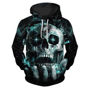 Philadelphia Eagles Hand Lift Neon Skull Art All Over Print Hoodie