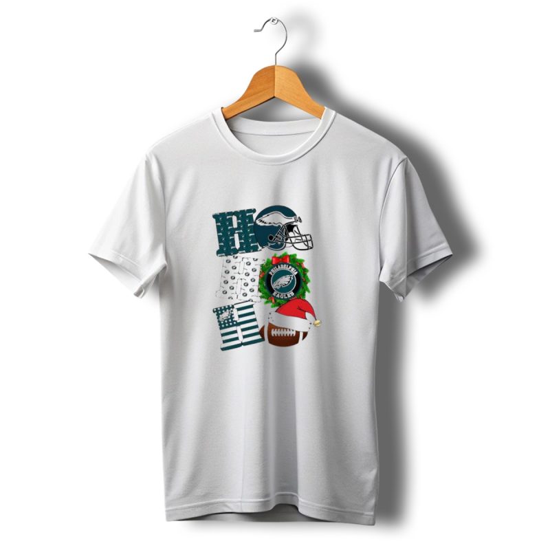 Philadelphia Eagles Ho Ho Ho Merry Christmas Football Helmet Wreath Santa Hat T Shirt T Shirt 1 1