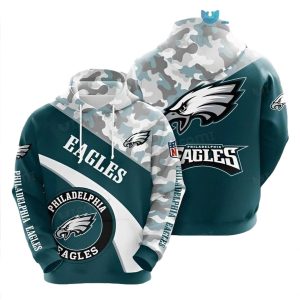 Philadelphia Eagles Camo Pattern Blue Mix Logo All Over Print Hoodie