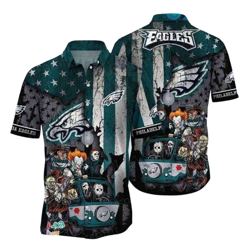 Philadelphia Eagles Horror Characters In Scooby Doo Van Hawaiian Shirt 1