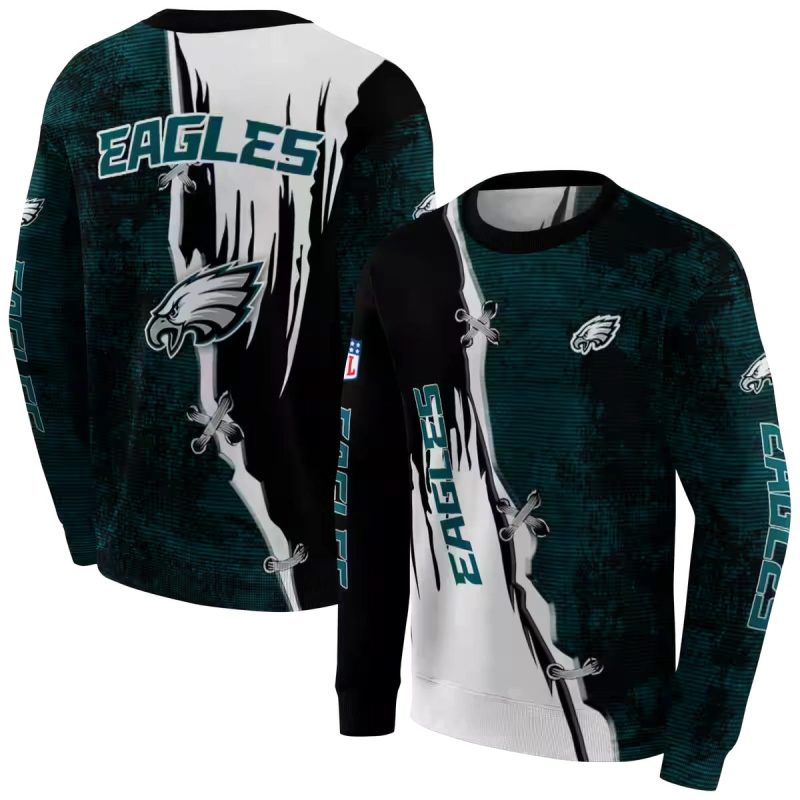Philadelphia Eagles Ripped Pattern Green Black White Aop Sweatshirt 1