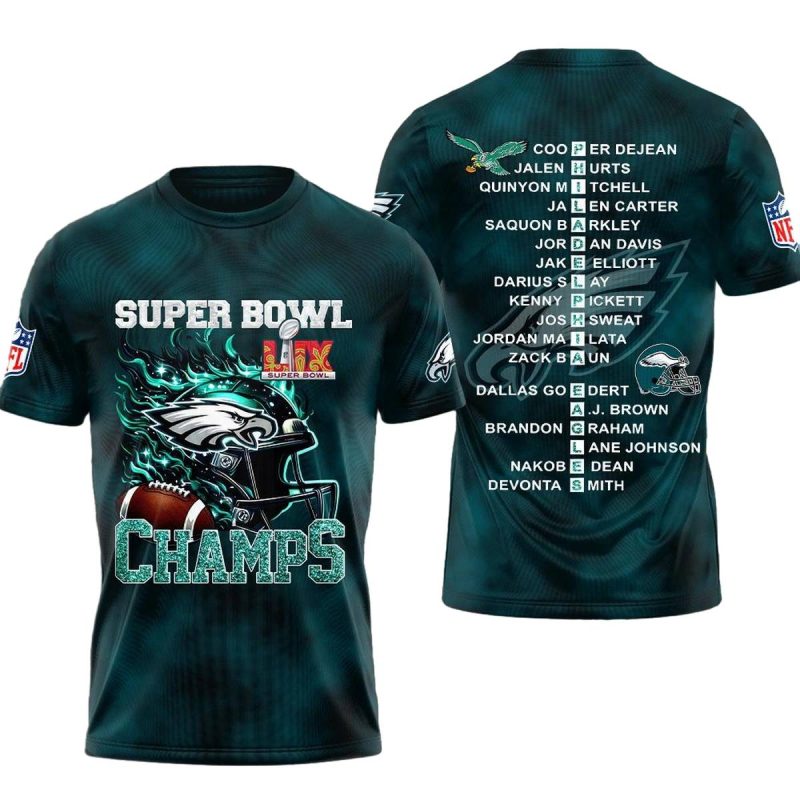 Philadelphia Eagles Sb Lix Champs Helmet And Ball Flame Name Players Aop Tshirt