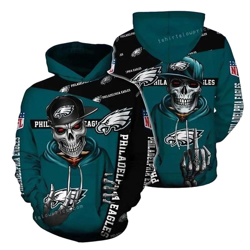 Philadelphia Eagles Skull Boy Nfl 3D Hoodie All Over Print Zip Up 1
