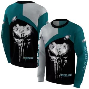 Philadelphia Eagles Skull Punisher Silver Black AOP Sweatshirt