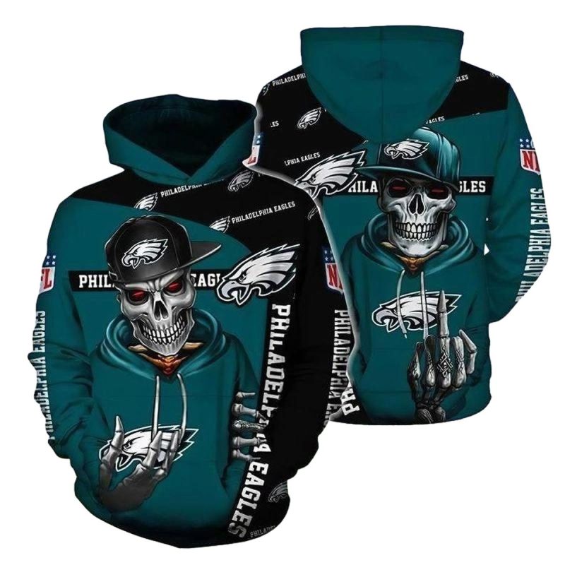 Philadelphia Eagles Skull With Cap 3D Hoodie All Over Printed