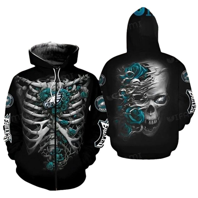 Philadelphia Eagles Zip Up Hoodie 3D Skeleton Roses Logo Philadelphia Eagles Gift 0 768X768 1
