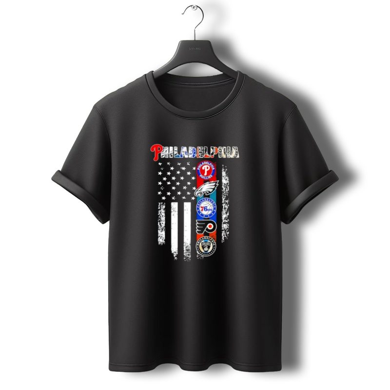 Philadelphia Phillies Eagles 76Ers Flyers Union American Flag T Shirt T Shirt 0 1