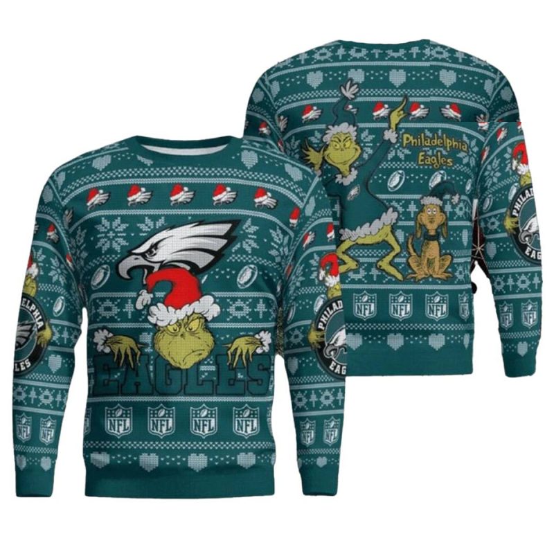 Philadelphia Eagles Grinch Santa Hat Ugly Sweater 1