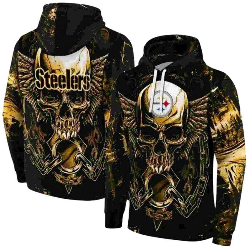 Pittsburgh Steelers Angel Skull Artwork Gold Black Aop Hoodie 1
