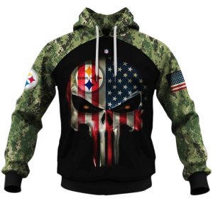 Pittsburgh Steelers Army Camouflage American Flag Punisher Skull AOP Hoodie