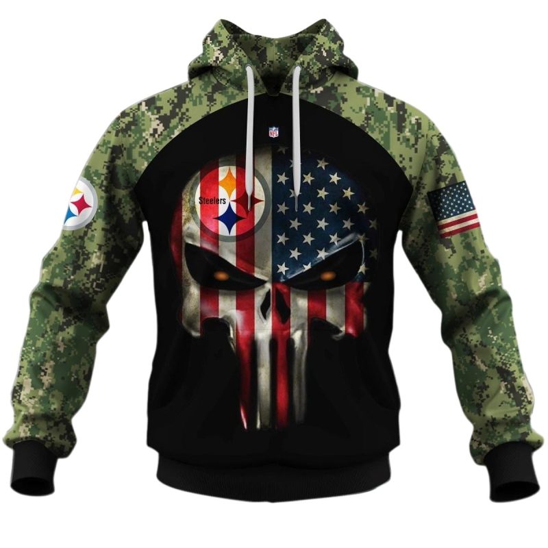 Pittsburgh Steelers Army Camouflage American Flag Punisher Skull Aop Hoodie 1