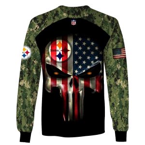 Pittsburgh Steelers Army Camouflage American Flag Punisher Skull AOP Sweatshirt