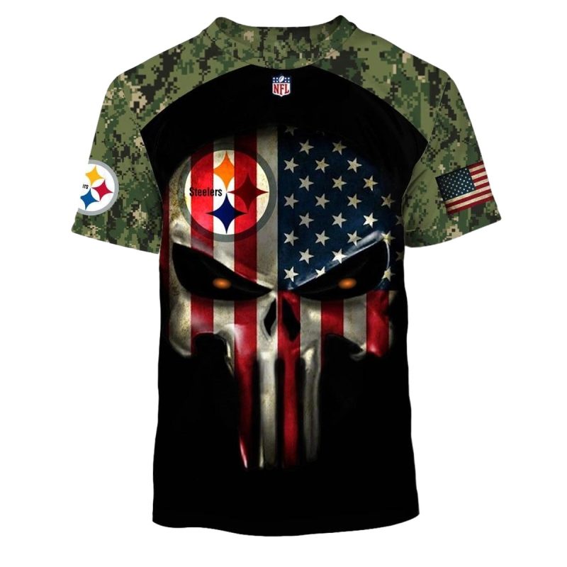 Pittsburgh Steelers Army Camouflage American Flag Punisher Skull Aop T Shirt 1