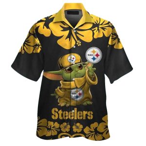 Pittsburgh Steelers Baby Yoda And Logo Hibiscus Hawaiian Shirt