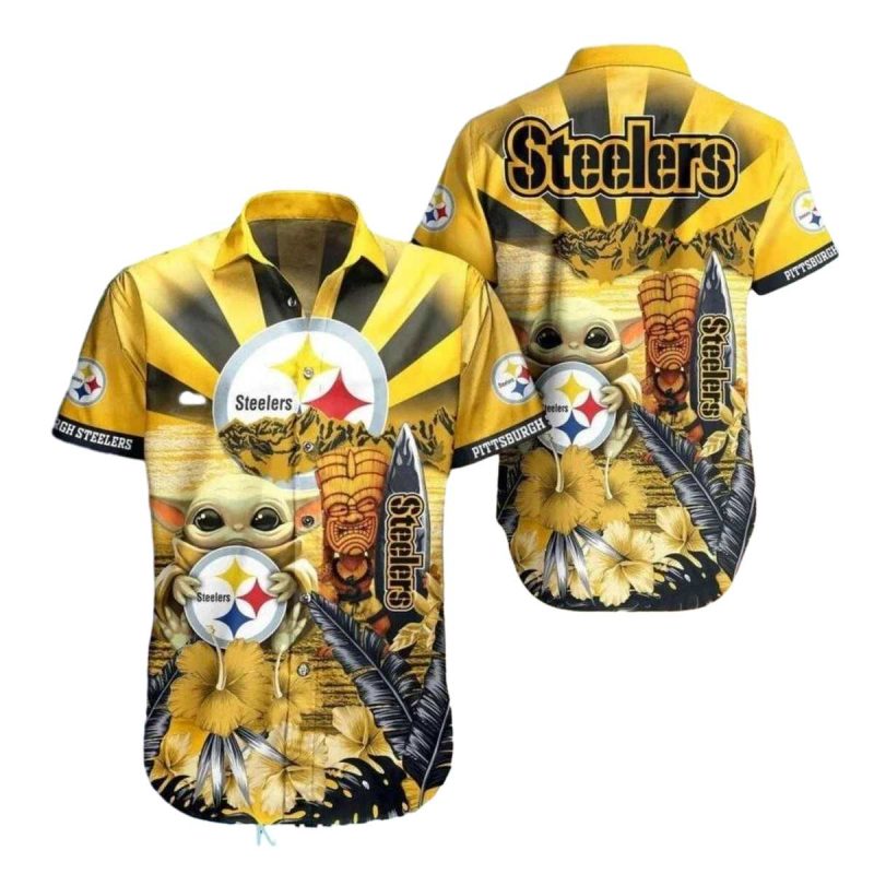 Pittsburgh Steelers Baby Yoda And Tiki Sunset Hawaiian Shirt 1
