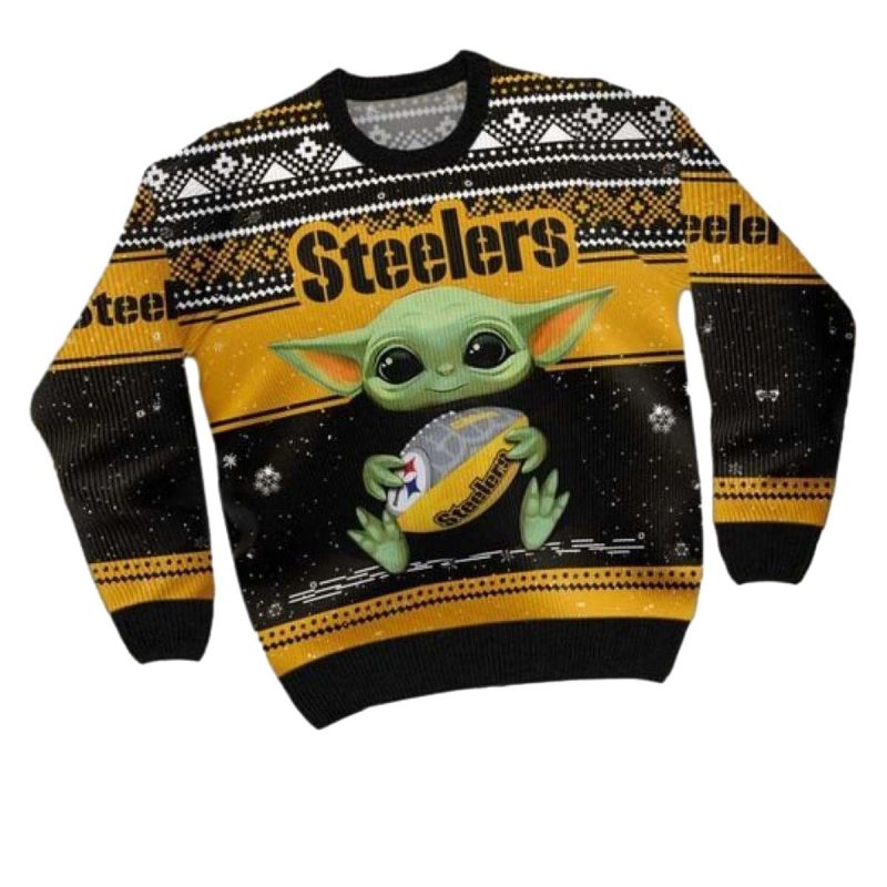 Pittsburgh Steelers Baby Yoda Hug Ball Ugly Sweater 1