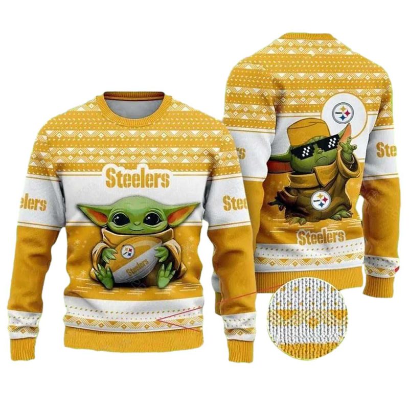 Pittsburgh Steelers Baby Yoda Hug Ball Yellow Pattern Ugly Sweater 1