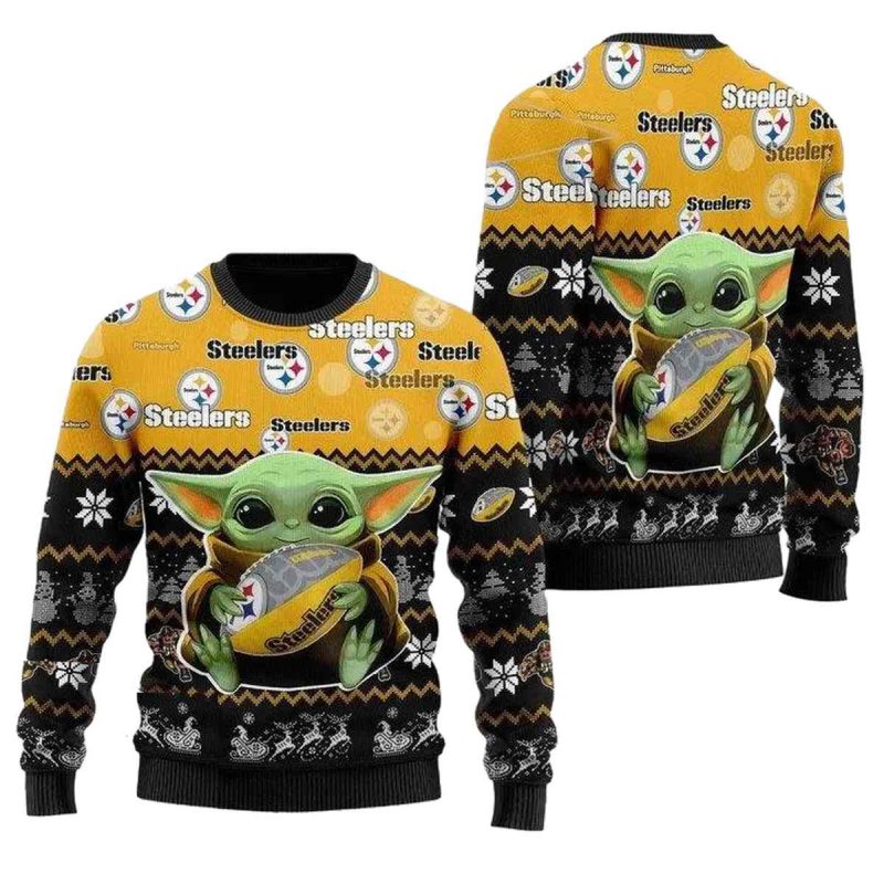 Pittsburgh Steelers Baby Yoda Santa Claus Hug Ball Ugly Sweater 1