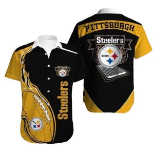 Pittsburgh Steelers Black And Gold Flaming Football Hawaiian Shirt