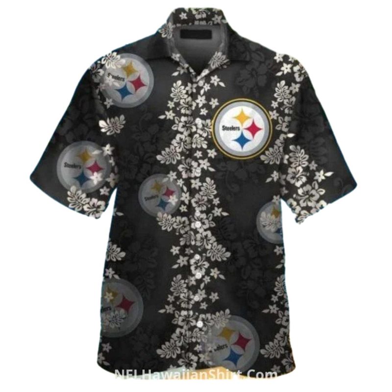 Pittsburgh Steelers Black With White Floral Hawaiian Shirt 1