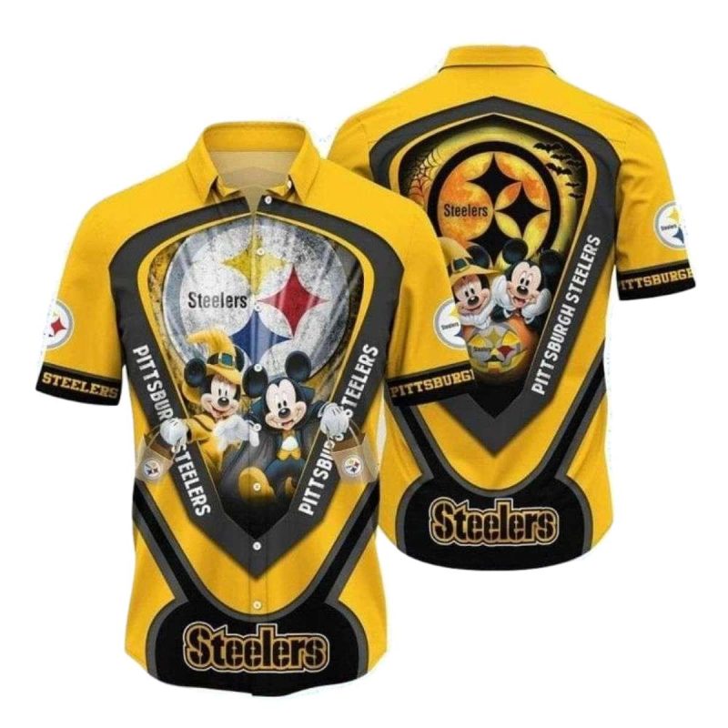 Pittsburgh Steelers Character Beach Scene Mickey And Minnie Hawaiian Shirt 1