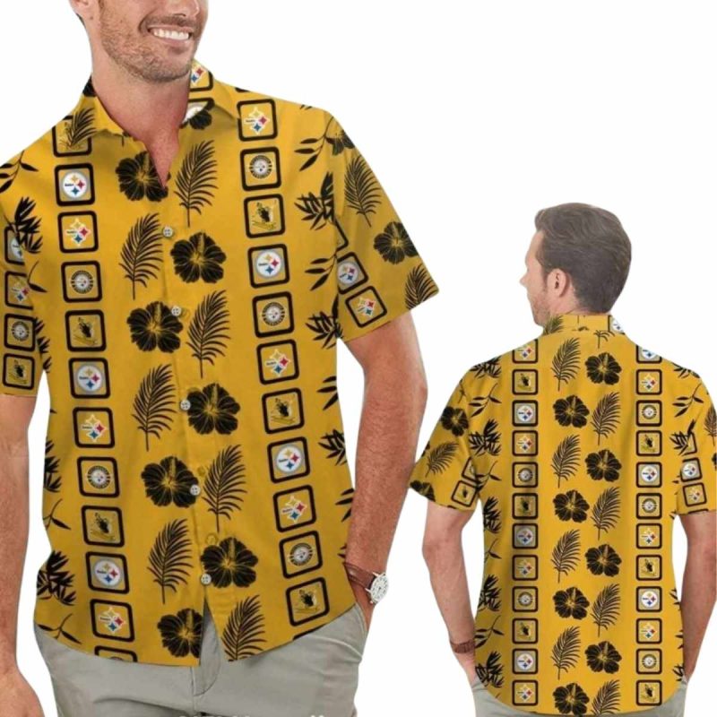 Pittsburgh Steelers Characters Gold With Floral And Palm Leaf Hawaiian Shirt 1