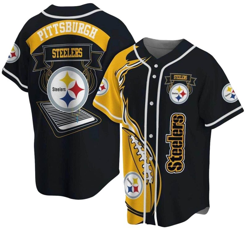 Pittsburgh Steelers Flame Ball Black Baseball Jersey 1