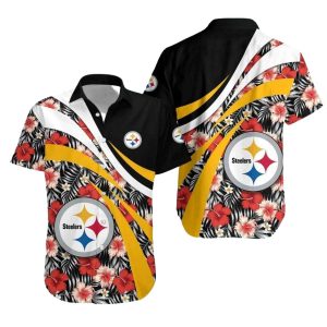 Pittsburgh Steelers Floral Hibiscus Pattern Black Gold Hawaiian Shirt