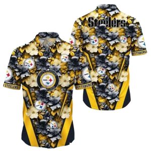 Pittsburgh Steelers Floral Steel Elegant Black And Gold Hawaiian Shirt