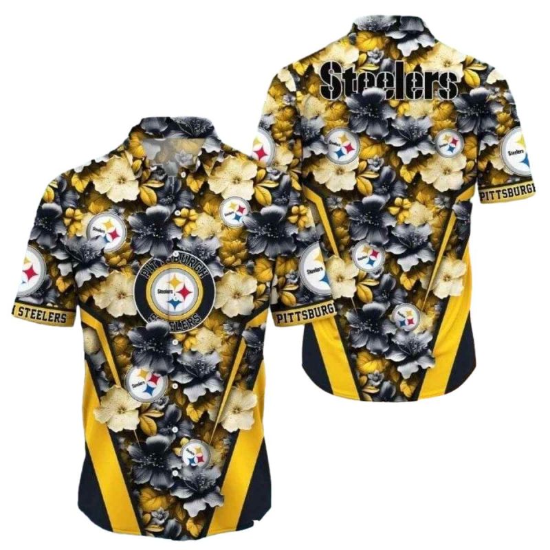 Pittsburgh Steelers Floral Steel Elegant Black And Gold Hawaiian Shirt 1