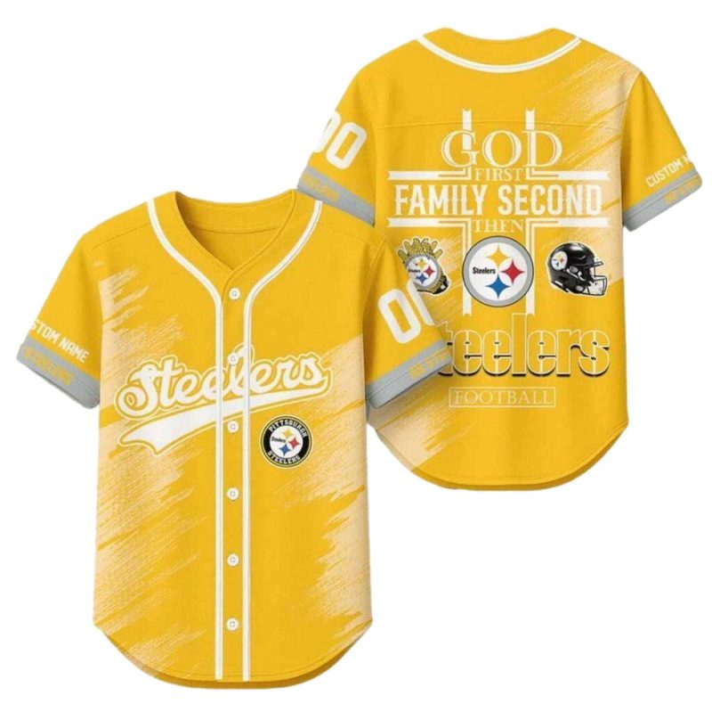 Pittsburgh Steelers God First Family Second Then Steelers Baseball Jersey 1