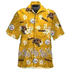 Pittsburgh Steelers Gold With Floral And Mascot Yellow Hawaiian Shirt