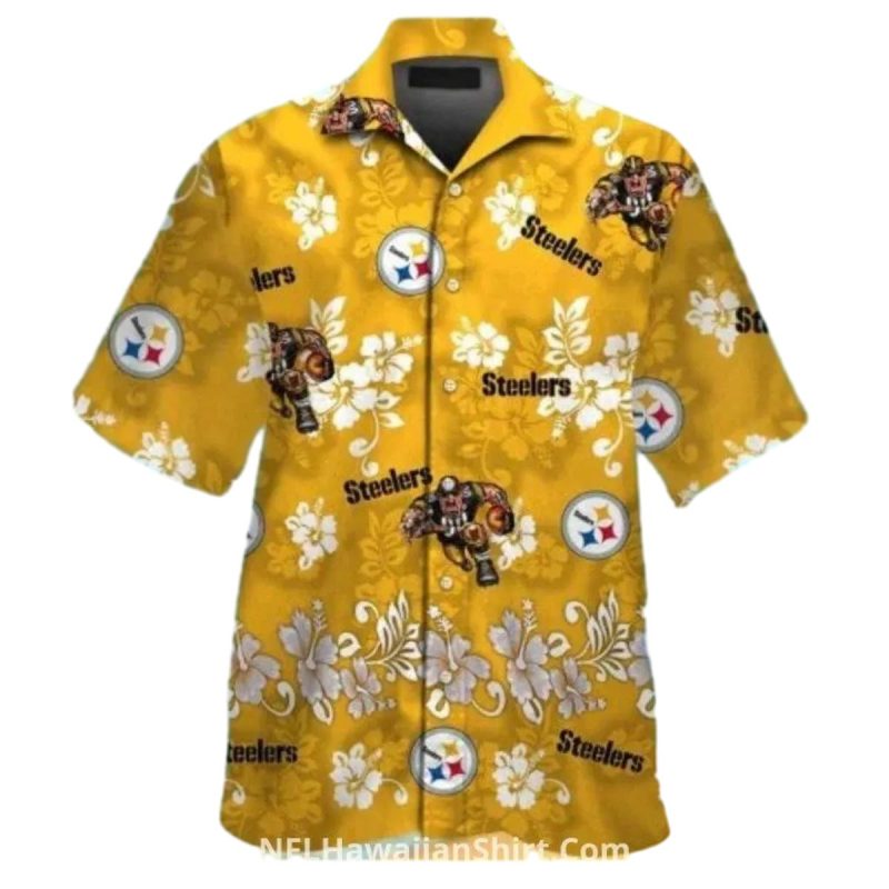 Pittsburgh Steelers Gold With Floral And Mascot Yellow Hawaiian Shirt 1