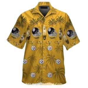 Pittsburgh Steelers Gold With Helmets And Palm Trees Hawaiian Shirt